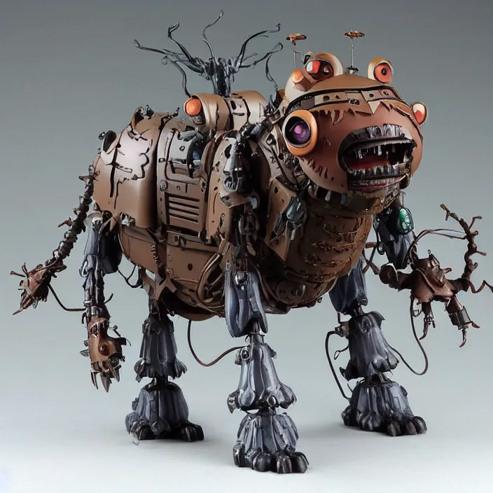 Prompt: A Lovecraftian scary giant mechanized adorable Mule from Studio Ghibli Howl's Moving Castle (2004) as a 1980's Kenner style action figure, 5 points of articulation, full body, 4k, highly detailed. award winning sci-fi. look at all that detail!