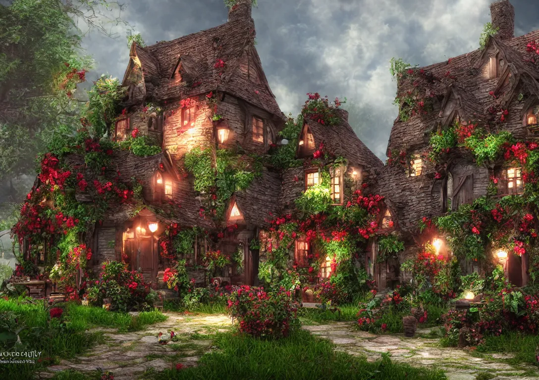 Prompt: fantasy strawberry cottage, photo realistic image, super detailed, 4 k, cinematic look