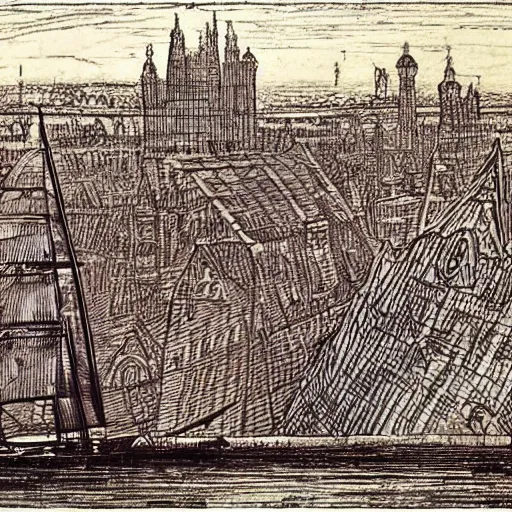 Image similar to lines, kaleidoscopic by eastman johnson, by john tenniel fluorescent purple, scooby doo. a drawing of a tall ship sailing through a cityscape. the ship is adorned with intricate details, while the cityscape is filled with towering palaces & other grand buildings.