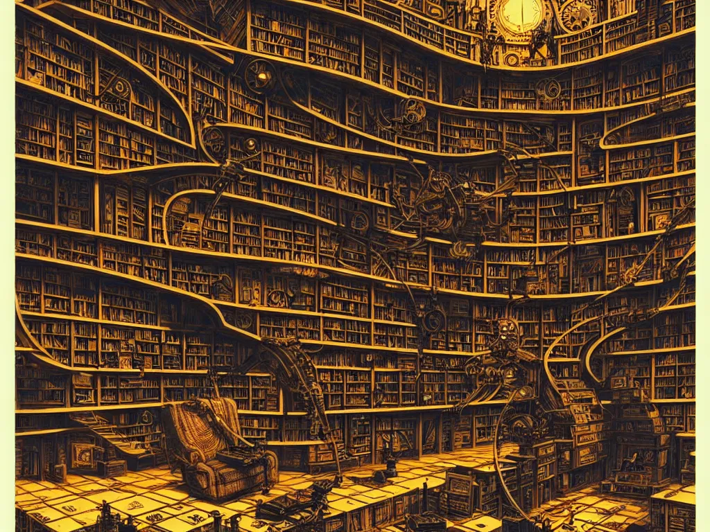 Prompt: steampunk library full of books, high details, intricately detailed, by vincent di fate, inking, 3 color screen print, masterpiece, trending on artstation,, sharp, details, hyper - detailed, hd, 4 k, 8 k