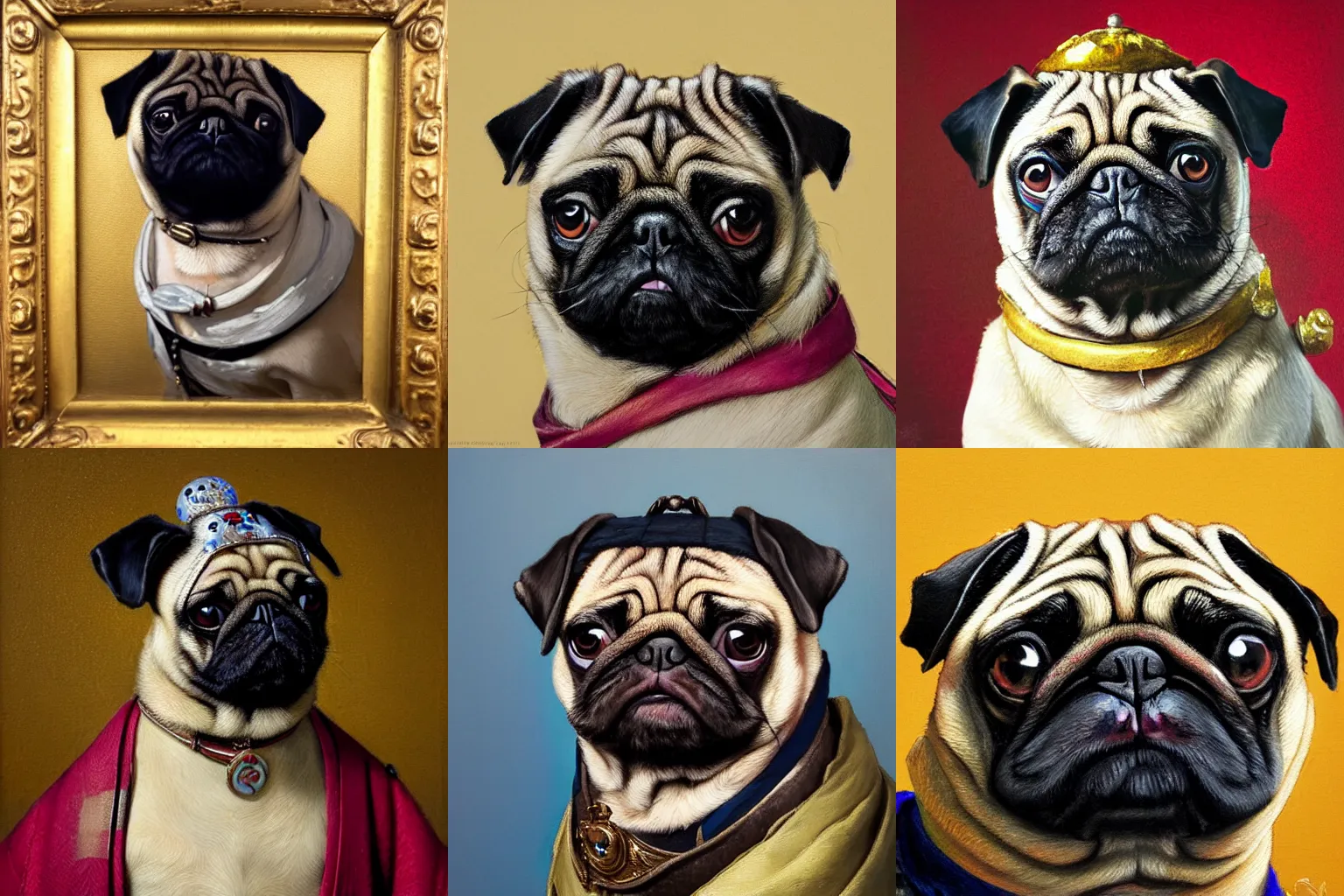 Prompt: a close-up portrait of a pug samurai with a pearl earring, an oil painting by Nuri Ayem James Gurney James Gene Greg Rutkowski with high detail and soft lighting