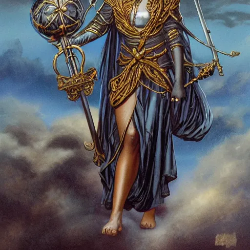 Prompt: high fantasy concept art matte painting by, ayami kojima, greg hildebrandt, mark ryden james jean, charles vess of black teenage female dressed in long gold silk robes with ornate patterned stitching and a metallic teal headband, silver sandals stands on a tall ships sailing boat, rough seas she carries a silver ball with a thin long silver chain attached to it, rendered in arnold