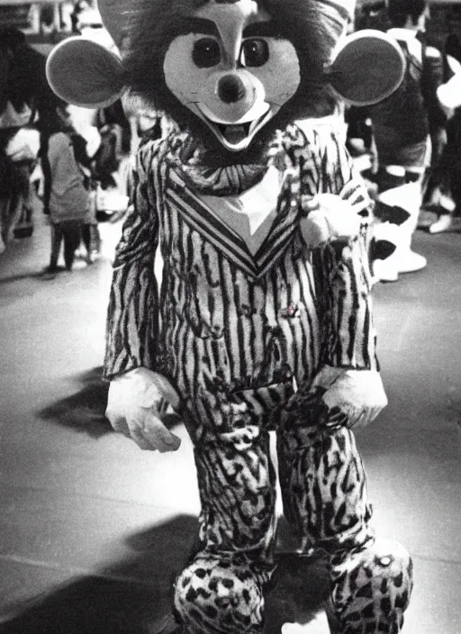 Prompt: Chuck E. Cheese mascot grainy 1980’s circus portrait of an anthropomorphic rat animatronic dressed like a clown, professional portrait HD, mouse, Chuck E. Cheese head, authentic, mouse, costume weird creepy, off putting, nightmare fuel, Chuck E. Cheese