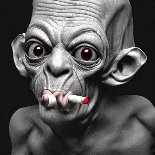 Prompt: gollum smokes cigarette