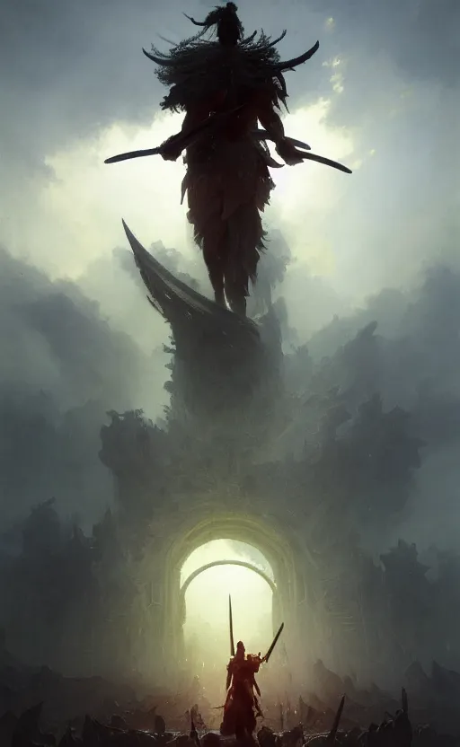 Image similar to the warrior stands triumphantly as he enters the gates of valhalla. highly detailed, digital painting, artstation, abstract art, smooth, sharp focus, illustration, unreal engine 5, 8 k, art by malevich and greg rutkowski and aivazovsky and ruan jia and jakub rebelka