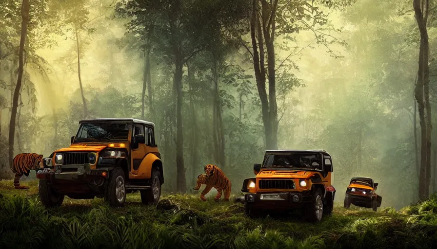 Image similar to Mahindra thar, in kerala forest, tigers and lions chasing, action scene, an epic fantasy, dramatic lighting, cinematic, establishing shot, extremely high detail, photorealistic, cinematic lighting, matte painting, artstation, by simon stalenhag, horizon forbideen west