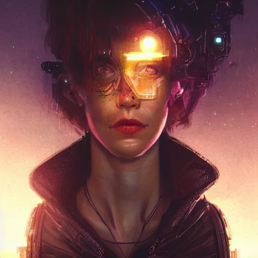 Image similar to molly from neuromancer, extremely detailed portrait of a young cyberpunk woman, eye implants, sunset, cyberpunk city background, painted by seb mckinnon, high detail, digital art, painted by greg rutkowski, trending on artstation