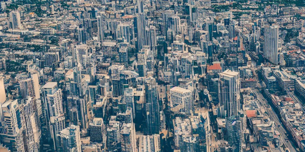 Prompt: drone view of a Brutalist architecture city with a large road through,sharp focus, telephoto lens, 3D digital art 4k