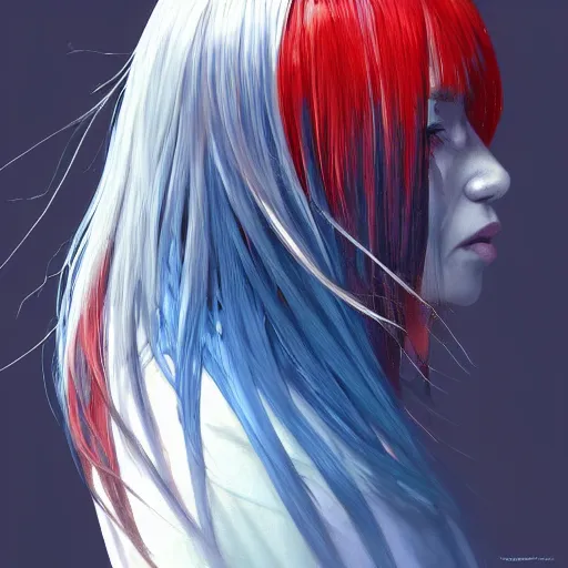 Prompt: profile shot of rimuru tempest, sky blue straight hair, long bangs, gold eyes, wearing a black jacket with white stripes, high collar, ultra detailed, wild brush strokes, digital painting, cinematic, wlop, artgerm, pixiv, yoshitaka amano, greg rutkowski, ilya kuvshinov, andy warhol