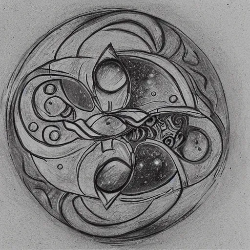 Prompt: armored battle tank with dao yin - yang symbol, detailed pencil drawing, background deep space with galaxies