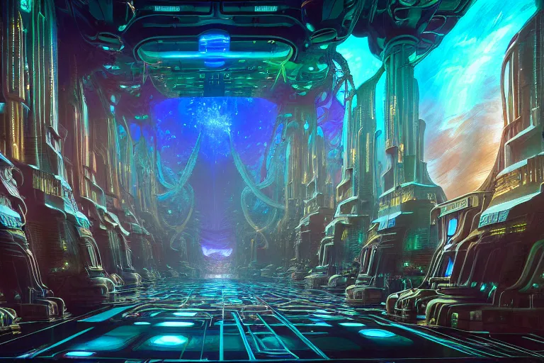 Image similar to a beautiful painting of an elaborate utopian sci - fi scene painted by hr giger and lisa frank, detailed, unreal engine, 4 k octane render, raytracing, volumetric lighting, epic, shadows,