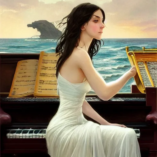 Image similar to A beautifull woman with long dark hair dressing a transparent white dress siting on a piano forte in the sea with Waves surrounding her, highly detailed, digital painting, artstation, concept art, sharp focus, illustration, art by artgerm and greg rutkowski and alphonse mucha