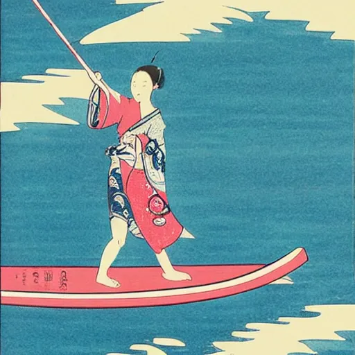 Image similar to girl stand up paddle board sup, woodblock print, style of hokusai, fine art, style of kanagawa, painting