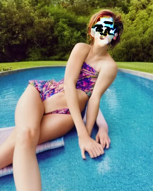 Image similar to Emma Watson for Victorian Secret, perfect face, hot summertime hippie, psychedelic swimsuit, in a sun lounger, pool, cloudy day, full length shot, shooting angle from below, XF IQ4, 150MP, 50mm, f/1.4, ISO 150, 1/250s, natural light, Adobe Photoshop, Adobe Lightroom, DxO Photolab, Corel PaintShop Pro, rule of thirds, symmetrical balance, depth layering, Sense of Depth