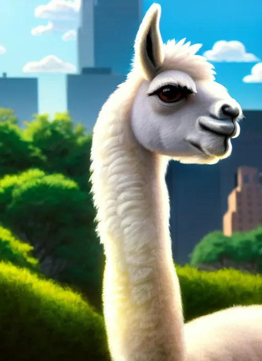 Image similar to a wholesome animation key shot of a llama, close - up, new york zoo in the background, studio ghibli, pixar and disney animation, sharp, rendered in unreal engine 5, anime key art by greg rutkowski, bloom, dramatic lighting