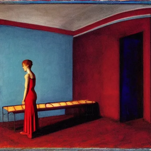 Image similar to a girl in a blue and red haunted liminal abandoned room, film still by edward hopper, by Pontormo, by klimt, art noveau, highly detailed, strong lights, liminal, eerie, Bright pastel colors