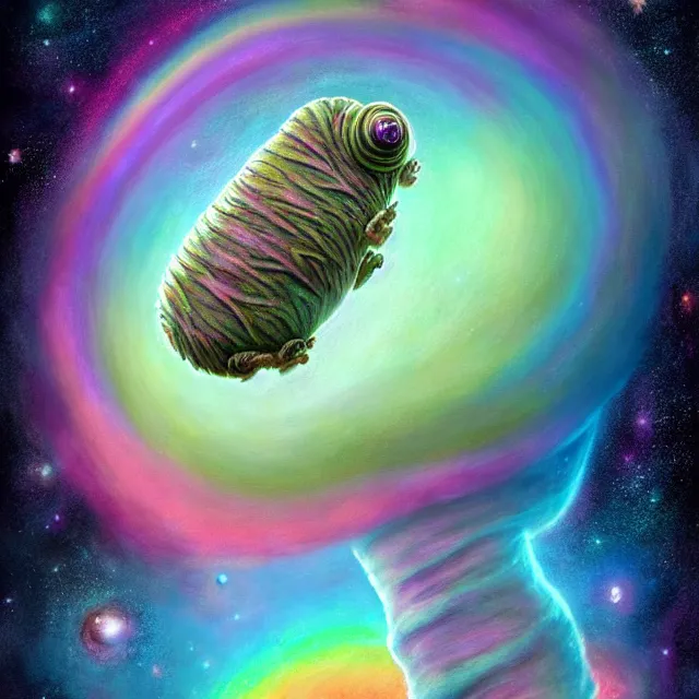 Image similar to a highly detailed tardigrade, it has rainbow hair and a beautiful unconventional face, floating through deep space, elegant, hyperrealistic, digital painting, artstation, realism, concept art, pop, smooth, mythological, sharp focus, qualia, illustration, art by mark ryden 3 d 8 k ultra detailed