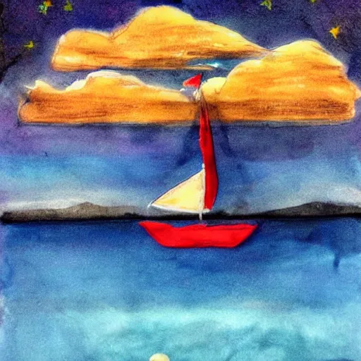 Prompt: a sailboat flying in the sky by night, mixed media, whimsical, dark vibe