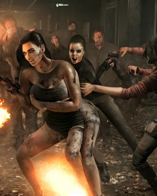 Image similar to A photo still of kim kardashian being tackled to the ground by zombies in resident evil, highly detailed, artstation, concept art, sharp focus, illustration, cinematic lighting, wide-shot.