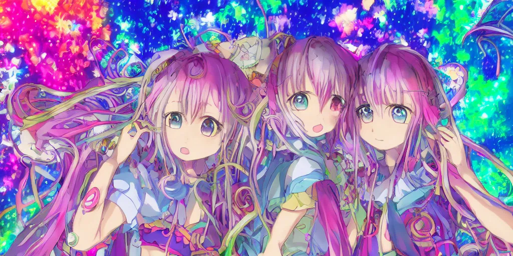 Prompt: Dreamy psychedelic anime, extremely colorful, geometric, Madoka Magica witch labyrinth, patchwork, photoshop, HDR, 4k, 8k, abstract, two anime girls standing within two raging colorful vortexes, detailed and cute faces on the anime girls, very cute and childlike, hugging, smiles and colors, floating feelings, stars as pupils, extremely detailed anime eyes, visible pupils