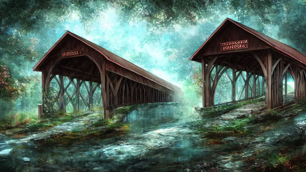 Prompt: Beautiful covered bridge in the woods” Beautiful Dreamscape, Digital art, concept art, detailed, lovely colors, Art station,3-D 4K, beautiful background, matte painting, Mike Criss,