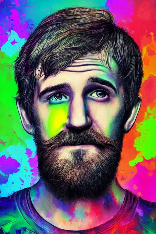 Image similar to inspirational style hope poster of bo burnham with beard, psychedelic colors, highly detailed, realistic, loving, by steven belledin