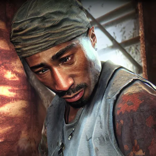 Image similar to high quality 8k screenshot of tupac shakur inThe Last Of Us, 8k full body model very rusty torn out texture