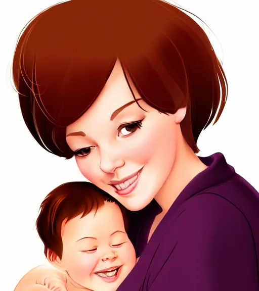 Image similar to a mother with short shoulder length dark auburn hair, short and curvy and a slightly chubby face holding her infant son with short brown hair full color digital illustration in the style of don bluth, artgerm, artstation trending, 4 k