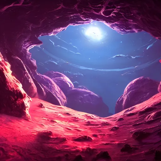 Image similar to utopian Galaxy , underwater cavern outer space with a hazy overcast, a evil dark sun , depth field, unreal engine, 4k concept art and hyper realism