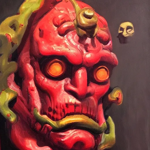 Prompt: hellboy portrait. oil painting. 3 / 4 view. closeup. based on the great masters. baroque.