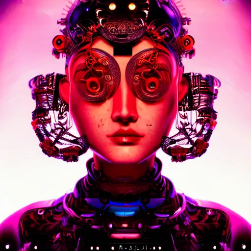 Image similar to portrait of an absurdly beautiful, graceful, sophisticated, fashionable asian cyberpunk mechanoid gravure idol, hyperdetailed illustration by irakli nadar, adut akech, matt wisniewski style, intricate linework, dark black porcelain skin, jellyfish headdress, unreal engine 5 highly rendered, global illumination, neon red light, detailed and intricate environment