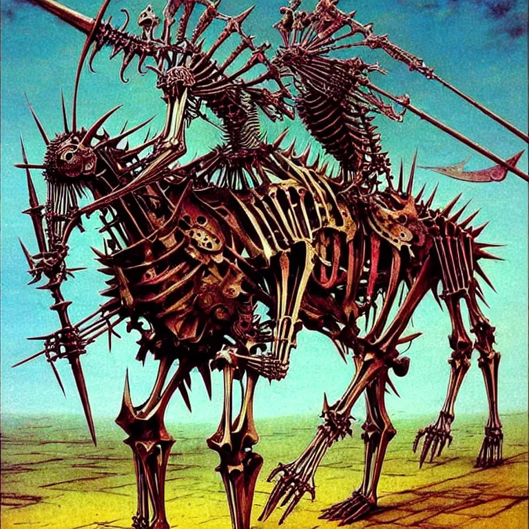 Prompt: A little colorful and vibrant. A spiked detailed horse skeleton with armored joints stands with halberd in hand. Massive shoulderplates. Extremely high details, realistic, fantasy art, solo, masterpiece, bones, ripped flesh, art by Beksiński, Arthur Rackham, Dariusz Zawadzki, Harry Clarke