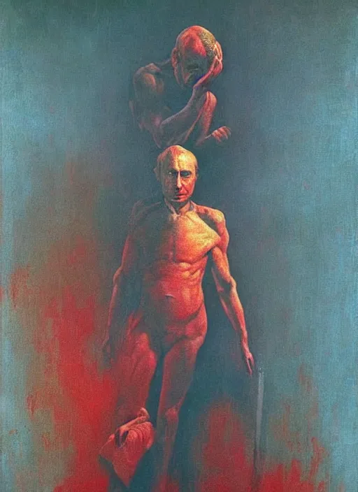 Image similar to Painting in a style of Beksinski featuring Vladimir Putin. Suffering and pain