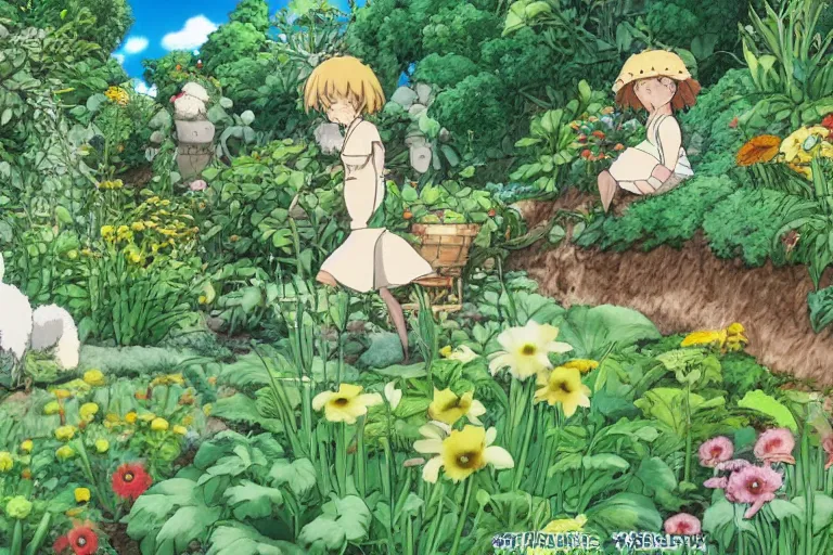 Image similar to cute fluffy creatures in the cabbage garden by studio ghibli, very high detail, 4k