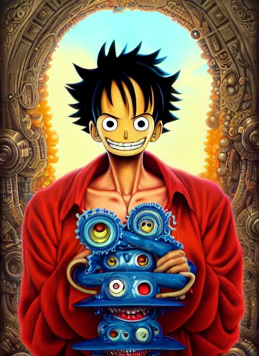 Image similar to lovecraftian portrait of luffy, pixar style, by tristan eaton stanley artgerm and tom bagshaw