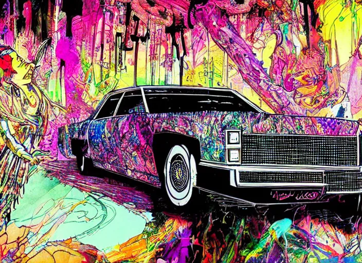 Image similar to psychedelic cadillac illustrations by ralph steadman and bill sienkiewicz and carne griffiths