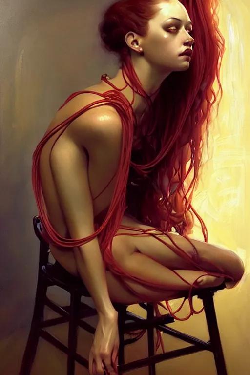Image similar to a beautiful woman tied to a chair using spaghetti, a woman wrapped in spaghetti, painting by Charlie Bowater and Gerald Brom
