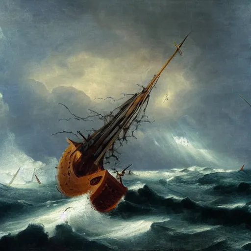 Image similar to a medieval vessel sailing the sea in a rough storm, sailors frantically pulling at ropes and tying the sails, large waves crashing and lightning striking in the distance, dark great clouds swirling above, detailed and oil painting