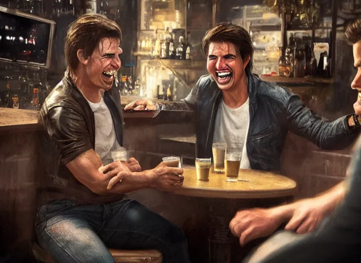 Image similar to hyper realistic tom cruise hanging out with tom cruise at a bar, all overly excited, jaw unhinged with laughter and smiling, all teeth, by greg rutkowski, 4 k, 8 k, masterpiece