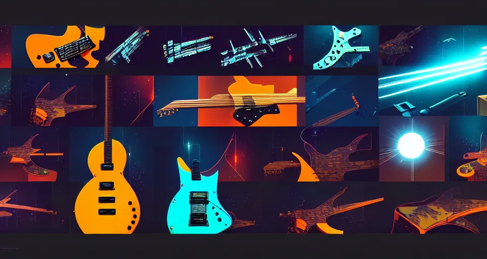 Image similar to a layout of amazing futuristic guitars, cinematic lighting, detailed, beautiful colors, by greg rutowski and studio ghibli