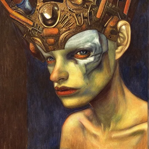 Image similar to grieving android wearing the bone crown, by Annie Swynnerton and Diego Rivera , symbolist, dramatic lighting, elaborate geometric ornament, Art Brut, soft cool colors,smooth, sharp focus, extremely detailed, Adolf Wölfli and (Donato Giancola)