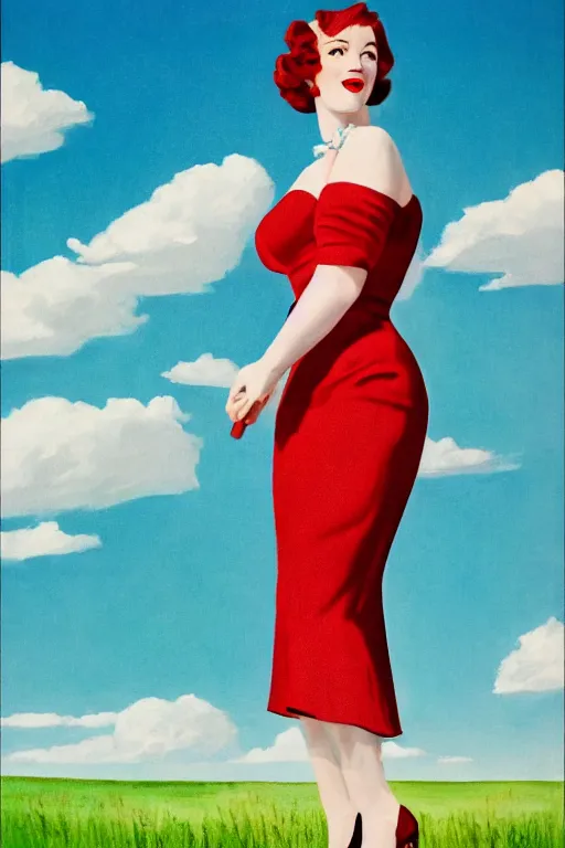 Prompt: full body portrait of christina hendricks in the style of bill medcalf, green grass, blue sky with a few clouds, retro, 1 9 5 0, 4 k, detailed, 1 / 3 headroom, rule of thirds