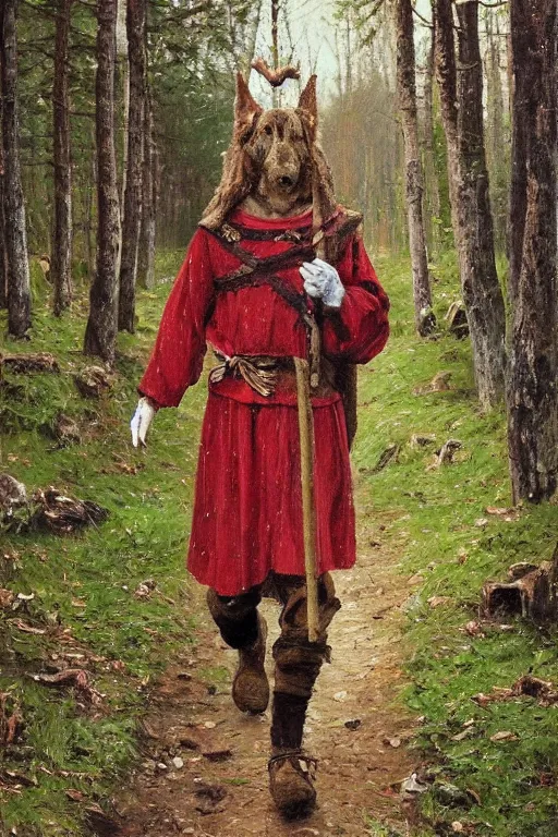 Prompt: slavic dog head man, woolen torso in medieval clothes, walking in the forest, orthodox saint christopher, painting by whimmy, oil painting, painting by viktor vasnetsov, concept art, hyperrealism, beautiful, high resolution, trending on artstation,
