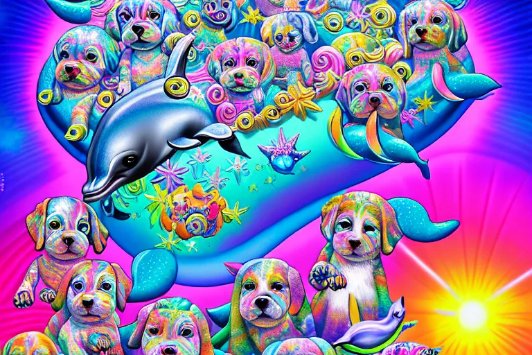 Image similar to lisa frank illustration of rebulon the cute ancient demon made of puppies and dolphins, by lisa frank, masterpiece concept art, 8 k, intricate detail, cinematic lighting, epic pose, bright colors