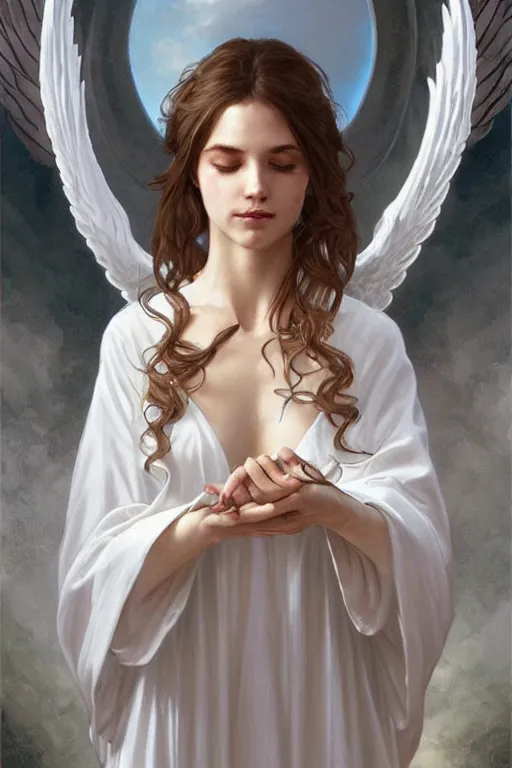 Image similar to beautiful angel in white robes, D&D, face, fantasy, intricate, elegant, highly detailed, digital painting, artstation, concept art, smooth, sharp focus, illustration, art by artgerm and greg rutkowski and alphonse mucha