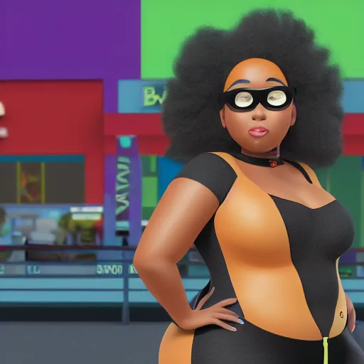 Image similar to high quality still of black bbw woman in wal-mart, 3d, in the style of pixar, comic book style, from behind, highly detailed, 16k resolution, octane renderer, coherent