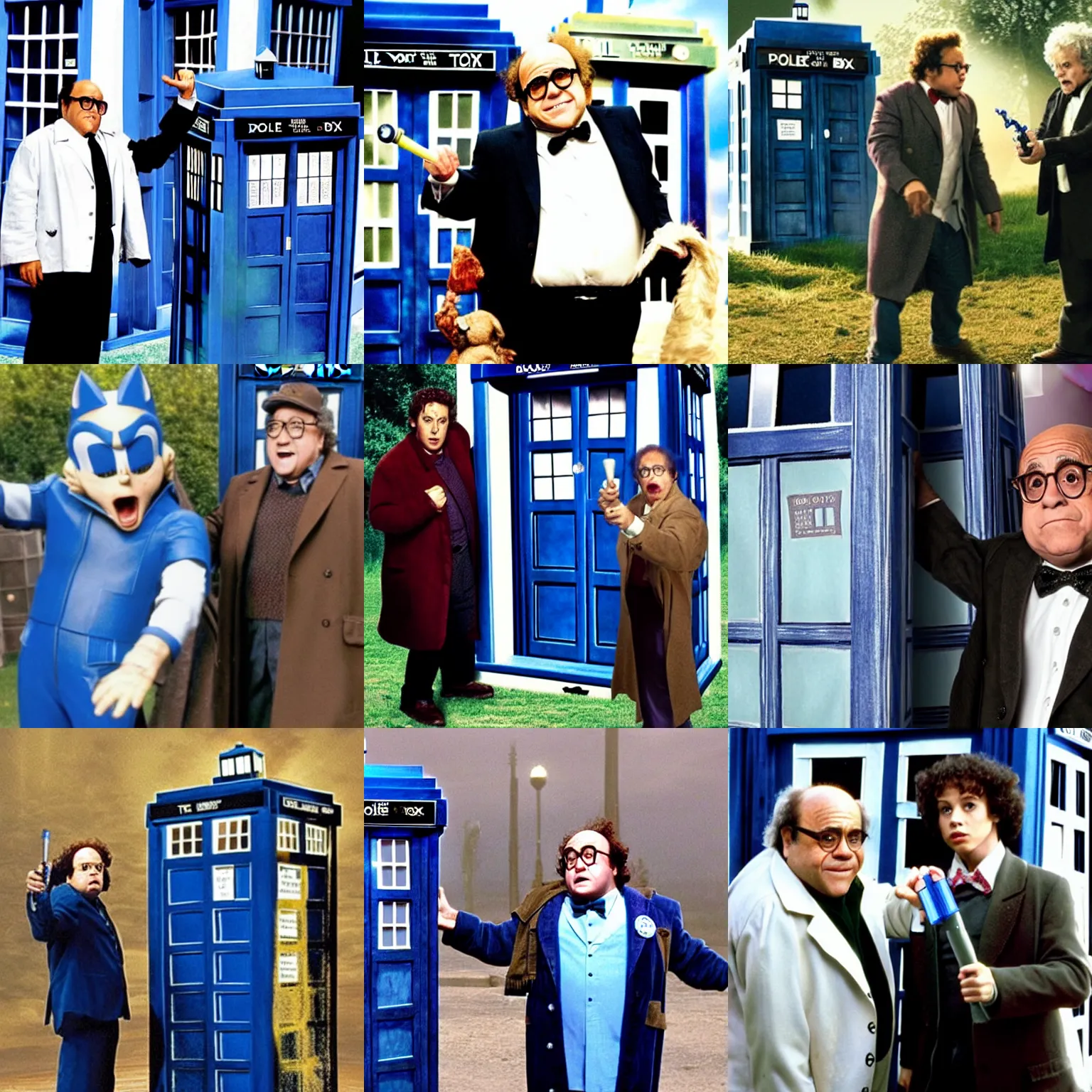 Prompt: <movie still cohesive>((danny devito)) as ((doctor who)) stands next to the tardis waving his sonic screwdriver</movie>