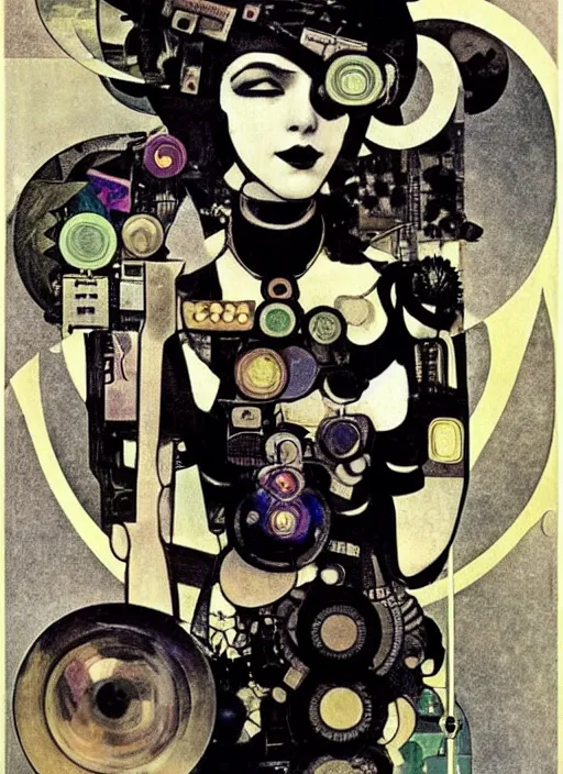 Image similar to cute punk goth fashion fractal mecha girl wearing a television tube helmet and kimono made of circuits and leds, surreal Dada collage by Man Ray Kurt Schwitters Hannah Höch Alphonse Mucha Beeple