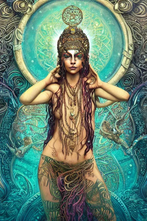 Image similar to a centered render of an mytical festival hippy with tribal tattoos wearing intricate metallic clothing surrounded by a underwater ink pour and flowing liquid gallium and sacred geometry, perfect body and face, gorgeous, cinematic, beautifully lit, by tom bagshaw, by karol bak, by donato giancola, 3 d, trending on artstation, octane render, 8 k