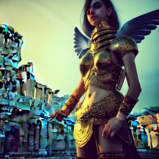 Prompt: portrait of a young persian Knights of Zodiac girl, wings, fighting at ancinet Agora of Athens, ruins, cyberpunk cathedral, Golden Light, 8K, trending on artstation, volumetric light, lightrays, smoke, cinematic, atmospheric, insanely detailed and intricate, hypermaximalist, elegant, trending on WLOP artstation, super detailed